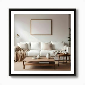 White Sofa With Beige Pillows, A Wooden Coffee Table, And Blank Picture Frame On The Wall Art Print