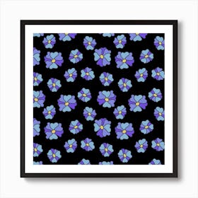 Blue Flowers On A Black Background Art Print