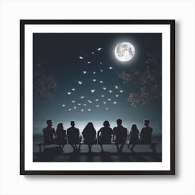 People Watching The Moon.A group of people sitting under the moonlight looking at flying lights Art Print
