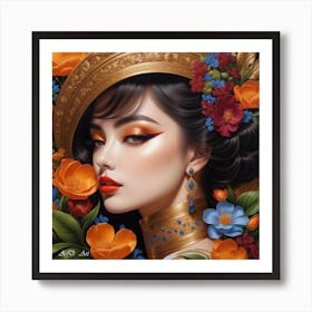 Beautiful Fashion Women In Flowers And Gold As A Bright Color Painting Art Print