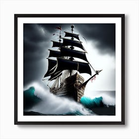 Pirate Ship In Stormy Sea Poster