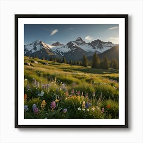 A Serene Alpine Meadow With Wildflowers And A Backdrop Of Snow Capped Mountains 2 Art Print