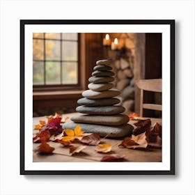 A Pyramid Of Rocks Sits On A Wooden Table Surrounded By Fallen Leaves, Flowers, And A Chair In A Cozy Natural Indoor Setting 3 Art Print