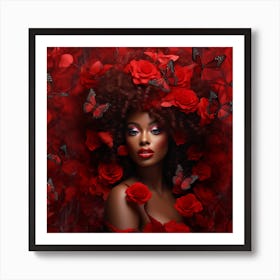 Black Woman With Red Roses And Butterflies Art Print