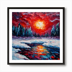 Sunset Painting Abstract Sun Trees River Water Snow Sky Clouds Flare Light Ice Tundra Nature Landscape Art Print