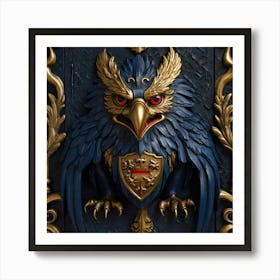 A mesmerizing coat of arms, featuring a striking eye at its center, is primarily adorned in the regal color of midnight blue. Two majestic griffins stand proudly on either side, with crossed weapons beneath them, all against a background shield. This detailed image, reminiscent of a medieval painting, exudes a sense of power and mystery. The craftsmanship is impeccable, with intricate details that command attention. The rich hues and intricate design make it a truly captivating and commanding piece of art. 1 Art Print
