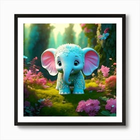 Firefly 3d, Animated, Cute, Little, Round, Turquoise, Elephant, Baby, Forest, Pink Flowers, Whimsica (2) Art Print