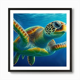 A photo of a Green Sea Turtle (Chelonia mydas) swimming gracefully through the deep blue ocean. The turtle's vibrant green shell and yellow-orange flippers are illuminated by the sunlight filtering through the water. The turtle's serene expression and slow, steady movements create a sense of peace and tranquility. The image captures the beauty and wonder of the underwater world and the importance of protecting and preserving our oceans. Art Print
