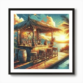 Sunset view on a wooden cafe on the seashore 1 Art Print