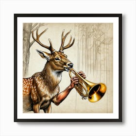 Deer Playing Trumpet Art Print