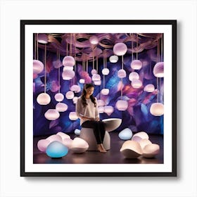 Woman Sitting In A Room With Colorful Lights Art Print