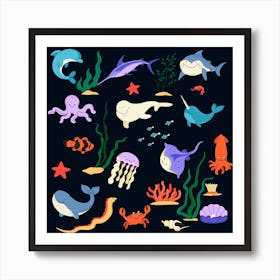 Underwater Sea World Characters Fauna And Flora Art Print