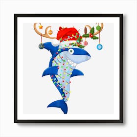 Santa Hat Shark Christmas Lights Funny Sharkmas Xmas Art Print