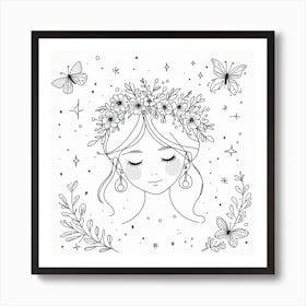 A Delicate and Minimalistic Line Art Drawing of a Girl with Pearl Earrings and a Flower Crown, with Butterflies and Stars as Accents Art Print