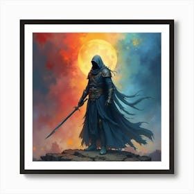 Soul Warrior In A Colorful Watercolor Realm Of Dark Magic 1 Art Print