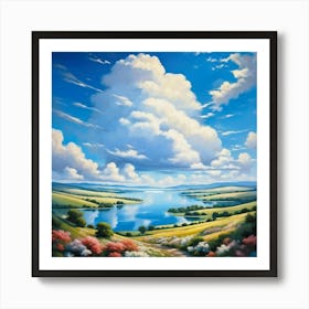 Cumulus Clouds Cotton Like In Texture Dominate The Expansive Azure Sky While A Serene Landscape Un (4) Art Print