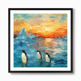 Penguins At Sunset 2 Art Print