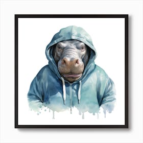 Watercolour Cartoon Hippopotamus In A Hoodie Art Print