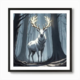 A White Stag In A Fog Forest In Minimalist Style Square Composition 35 Art Print