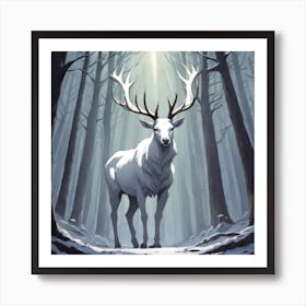 A White Stag In A Fog Forest In Minimalist Style Square Composition 58 Art Print