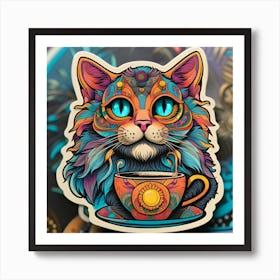 Cat In A Cup Whimsical Psychedelic Bohemian Enlightenment Print 4 Art Print