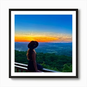 Woman In Black Hat Sitting Alone On A Wooden Balcony Overlooking A Hill Dotted Landscape Trees Al (4) Art Print