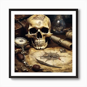 A Pirate Skull Watch On A Table Next To A Treasure Art Print