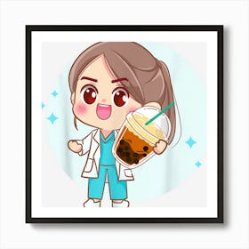 Nurse Drinking Boba Tea Fun Kawaii Bubble Tea Lover Graphic Art Print