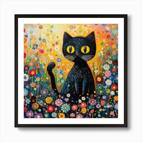 Black Cat In A Flower Field 1 Art Print