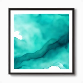 Beautiful aqua teal abstract background. Drawn, hand-painted aquarelle. Wet watercolor pattern. Artistic background with copy space for design. Vivid web banner. Liquid, flow, fluid effect. Art Print