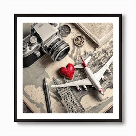 Firefly A Paris, France Vintage Travel Flatlay, Camera, Small Red Heart, Map, Stamp, Flight, Airplan (2) Art Print