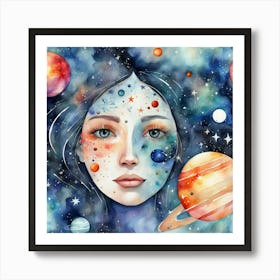 Watercolor Of A Girl With Planets 4 Art Print