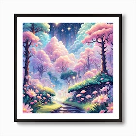 A Fantasy Forest With Twinkling Stars In Pastel Tone Square Composition 136 Art Print