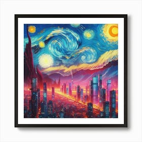Van Gogh Painted A Starry Night Over A Cyberpunk Cityscape Art Print