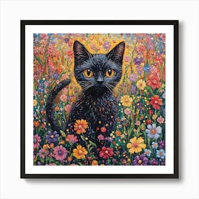 Black Cat In A Flower Field 4 Art Print