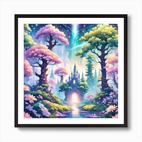 A Fantasy Forest With Twinkling Stars In Pastel Tone Square Composition 79 Art Print