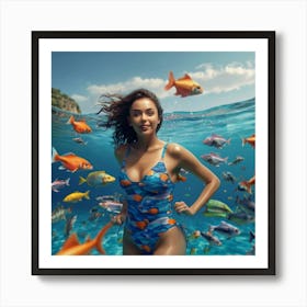 Beautiful Woman Swimming In The Sea Art Print