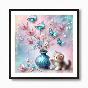 Kitten In A Vase With Butterflies Art Print