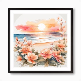 Watercolor Of Flowers On The Beach Art Print