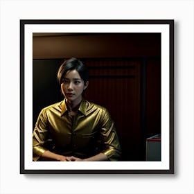 Asian Woman Sitting At Desk Art Print