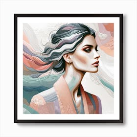"Whispers of Elegance" - This artwork is a mesmerizing portrayal of modern femininity, featuring a woman's profile in a tapestry of pastel waves that flow like silk. Her hair and attire blend seamlessly into a sea of soft textures and subtle patterns, evoking a serene yet dynamic presence. The piece's soothing color palette and intricate linework reflect a sophisticated synthesis of realism and abstract art. It's an ideal choice for those who appreciate the grace of contemporary design and the delicate balance between detail and abstraction. "Whispers of Elegance" is a testament to the quiet power of beauty, inviting contemplation and adoration in any space it adorns. Art Print