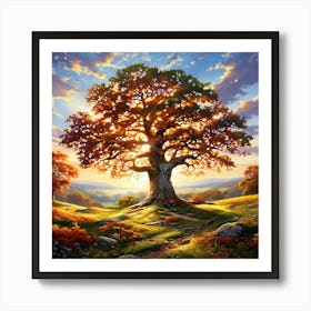 Majestic Oak Tree With Sprawling Branches Located In The Center Of A Serene Meadow Sunlight Filter 445022442 (3) Art Print