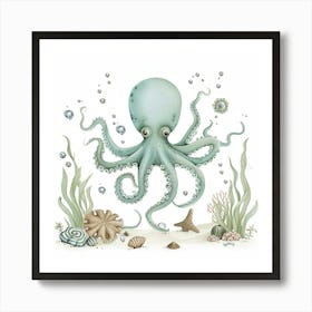 Storybook Style Octopus On The Ocean Floor With Aqua Marine Plants 4 Art Print