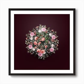 Vintage Pink Rambler Roses Flower Wreath on Wine Red n.2239 Art Print
