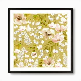 Watercolor White Flowers Yellow Art Print