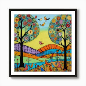 Art Drawing Trees And Birds Scene Folk Art Style I (1) 1 Art Print