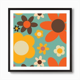 Bold 70s  Retro Floral Blue Square Art Print