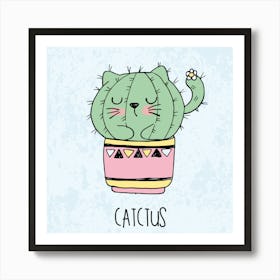 Hand Drawn Sketch Cute Kawaii Cat Cactus In A Flowerpot Art Print