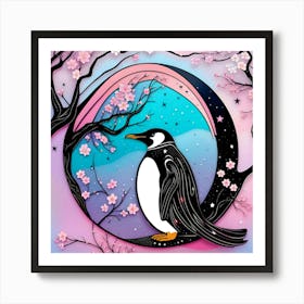 Penguin With Cherry Blossoms Art Print