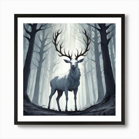 A White Stag In A Fog Forest In Minimalist Style Square Composition 29 Art Print